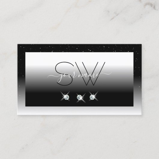 Elegant Black en White Sparkle Diamonds Initialen Visitekaartje (Voorkant)