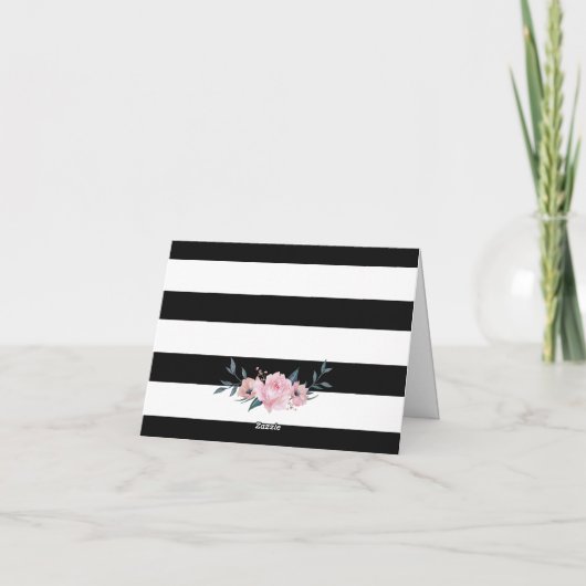 Elegant Black en White Striped Pink Floral Bedankkaart (Achterkant)
