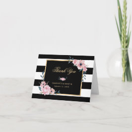 Elegant Black en White Striped Pink Floral Bedankkaart