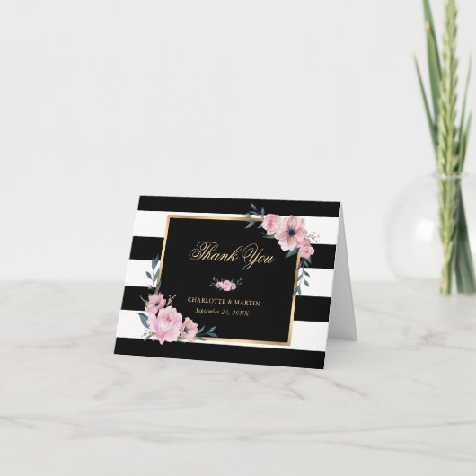 Elegant Black en White Striped Pink Floral Bedankkaart (Voorkant)