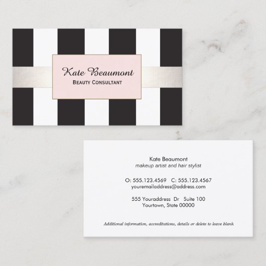 Elegant Black en White Striped Pink Plaque Beauty Visitekaartje (Voorkant / Achterkant)