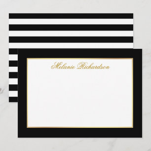 Elegant Black en White Stripes Gold Lijst Notitiekaartje