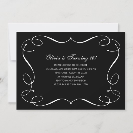 Elegant Black en White Sweet 16 Invitations Kaart (Achterkant)