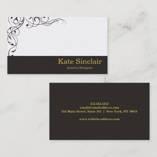 Elegant Black en White Swirls Interior Designer Visitekaartje (Voorkant / Achterkant)