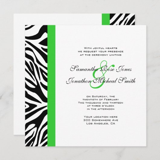 Elegant Black en White Zebra Lime Green Wedding Kaart (Voorkant / Achterkant)