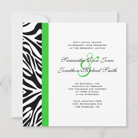 Elegant Black en White Zebra Lime Green Wedding Kaart (Voorkant)