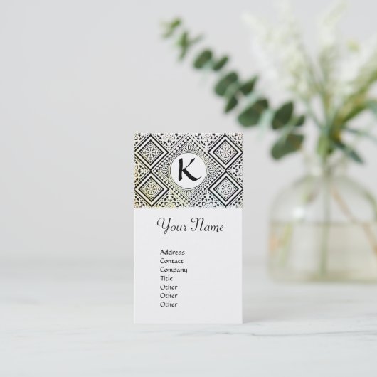 ELEGANT BLACK EN WITTE DAMASKMONOGRAM VISITEKAARTJE (Staand voorkant)