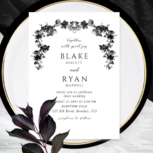 Elegant Black Enchanting Garland Wedding Kaart