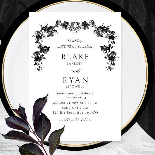 Elegant Black Enchanting Garland Wedding Kaart