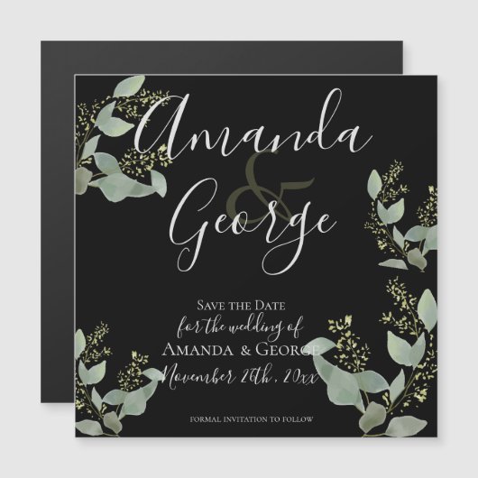 Elegant Black Eucalyptus laat de datum opslaan Magnetische Uitnodiging (Voorkant / Achterkant)