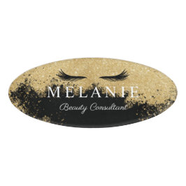 Elegant Black Eyelash Gold Glitter Cosmetoloog Naambadge