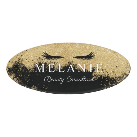 Elegant Black Eyelash Gold Glitter Cosmetoloog Naambadge (Voorkant)