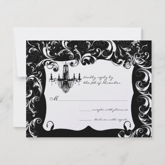 Elegant Black Fancy Swirl Chandelier Wedding RSVP Kaartje (Achterkant)