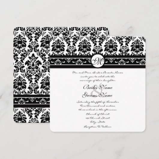 Elegant Black Faux gegraveerd Floral Damask Weddin Kaart (Voorkant / Achterkant)
