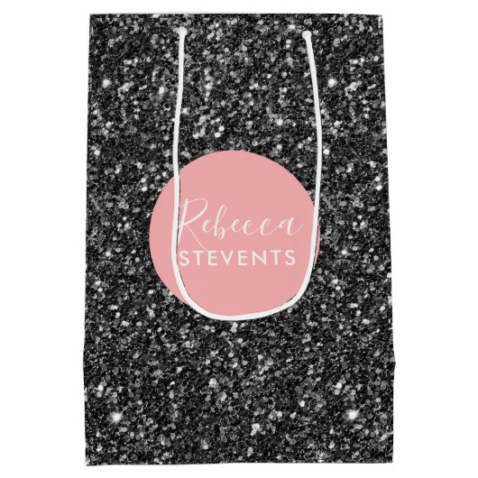 Elegant Black Faux Glitter Monogram Medium Cadeauzakje (Achterkant)