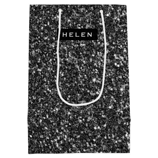 Elegant Black Faux Glitter Monogram Medium Cadeauzakje (Achterkant)