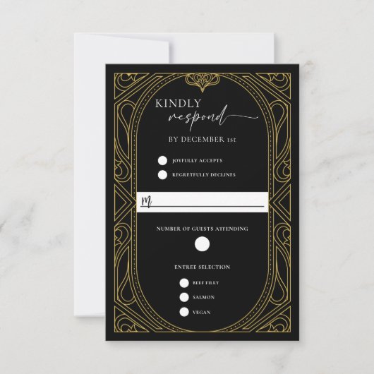Elegant Black Faux Gold Art Deco Response Card RSVP Kaartje (Voorkant)