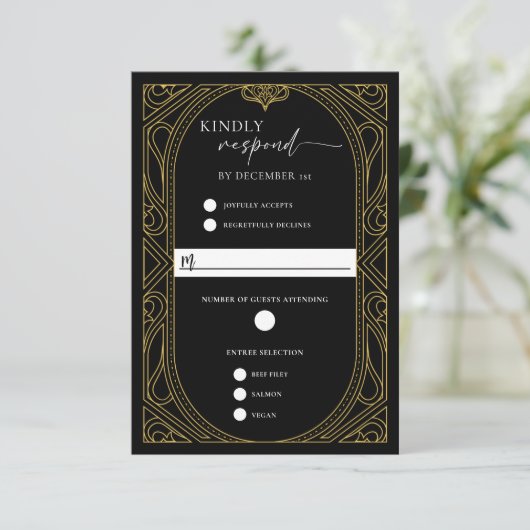 Elegant Black Faux Gold Art Deco Response Card RSVP Kaartje (Staand voorkant)