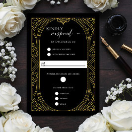 Elegant Black Faux Gold Art Deco Response Card RSVP Kaartje
