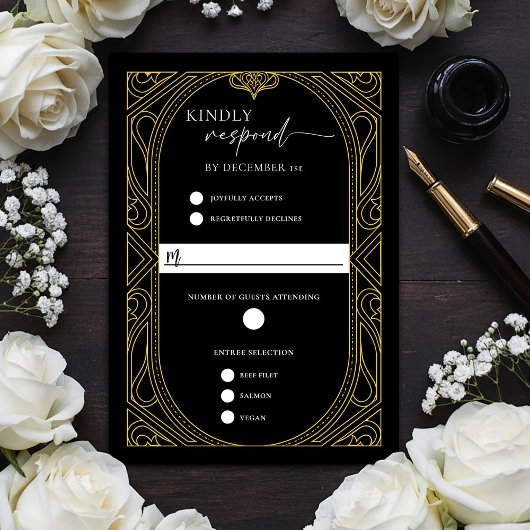 Elegant Black Faux Gold Art Deco Response Card RSVP Kaartje