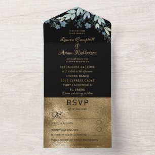Elegant Black & Faux Gold Foliage Weddenschap All In One Uitnodiging