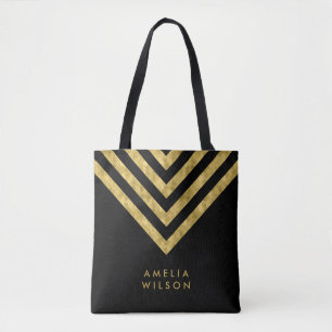 Elegant Black Faux Gold Name Chevron Pattern Tote Bag