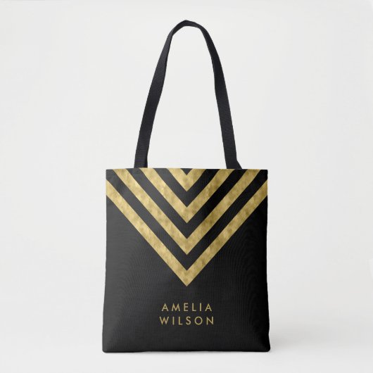 Elegant Black Faux Gold Name Chevron Pattern Tote Bag (Voorkant)