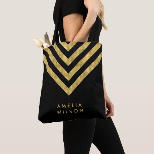 Elegant Black Faux Gold Name Chevron Pattern Tote Bag (Dichtbij)