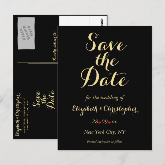 Elegant Black Faux Gold Wedding Save the Date Briefkaart (Voorkant / Achterkant)