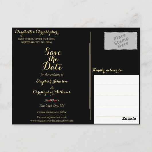 Elegant Black Faux Gold Wedding Save the Date Briefkaart (Achterkant)