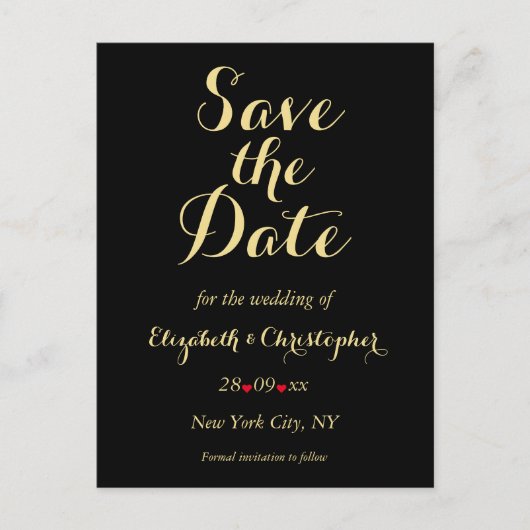 Elegant Black Faux Gold Wedding Save the Date Briefkaart (Voorkant)