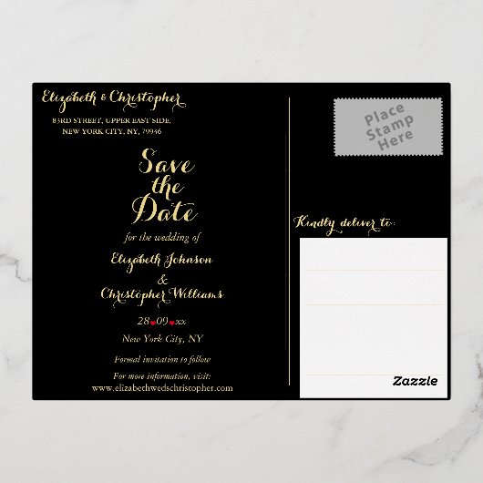 Elegant Black Faux Gold Wedding Save the Date Folie Uitnodiging Briefkaart (Achterkant)