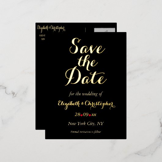 Elegant Black Faux Gold Wedding Save the Date Folie Uitnodiging Briefkaart (Voorkant / Achterkant)
