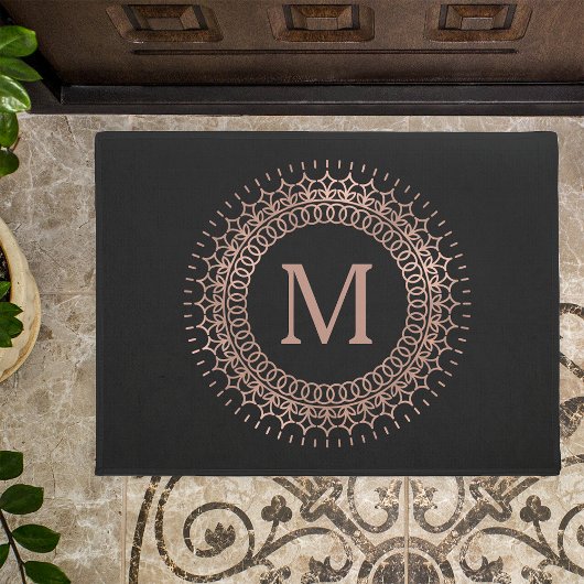 Elegant Black & Faux Roos Gold Initiaal Monogram Deurmat