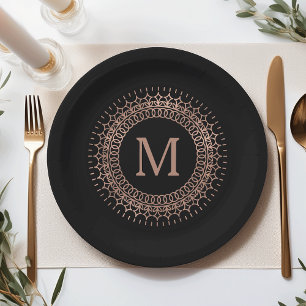 Elegant Black & Faux Roos Gold Initiaal Monogram Papieren Bordje