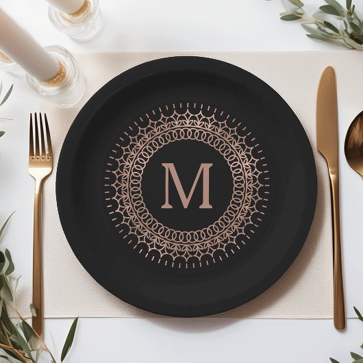 Elegant Black & Faux Roos Gold Initiaal Monogram Papieren Bordje