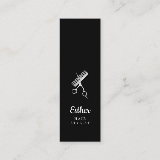 Elegant Black Faux Silver Scissors Haarstylist Mini Visitekaartje (Voorkant)