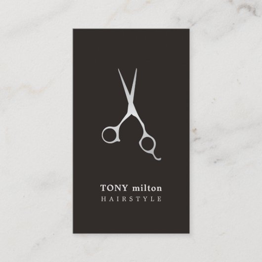 Elegant Black Faux Silver Scissors Haarstylist Visitekaartje (Voorkant)