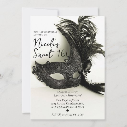 Elegant Black Feather Masquerade Sage Sweet 16 Kaart (Voorkant)