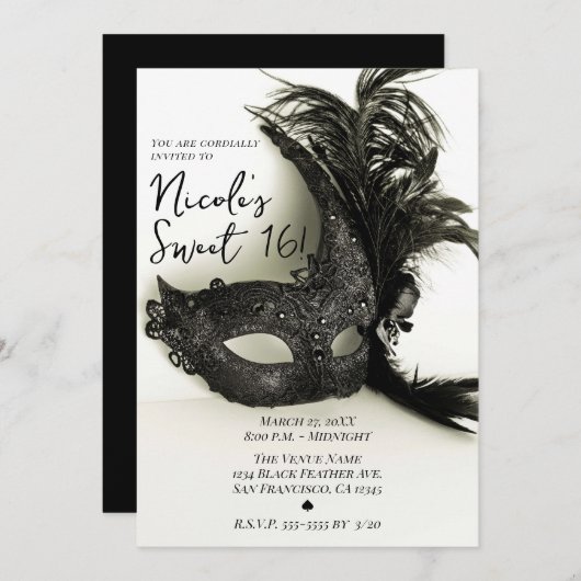 Elegant Black Feather Masquerade Sage Sweet 16 Kaart (Voorkant / Achterkant)