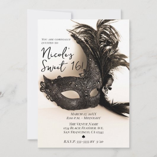 Elegant Black Feather Masquerade Tan Sweet 16 Kaart (Voorkant)