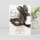 Elegant Black Feather Masquerade Tan Sweet 16 Kaart (Staand voorkant)