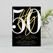 Elegant Black Fifty 50th Birthday Gold Folie Uitnodiging (Staand Voorkant)