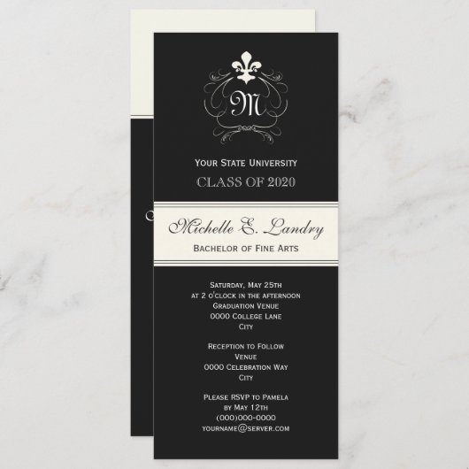 Elegant Black Fleur de Lis Formele Afstuderen Kaart (Voorkant / Achterkant)