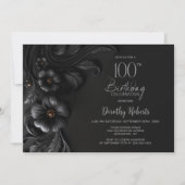Elegant Black Floral 100th Birthday Party Kaart (Voorkant)