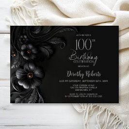 Elegant Black Floral 100th Birthday Party Kaart