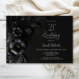 Elegant Black Floral 21st Birthday Party Kaart