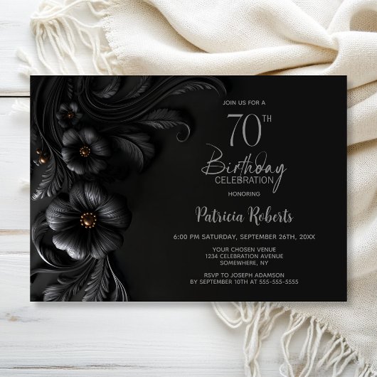 Elegant Black Floral 70th Birthday Party Kaart