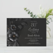 Elegant Black Floral 80th Birthday Party Kaart (Staand voorkant)