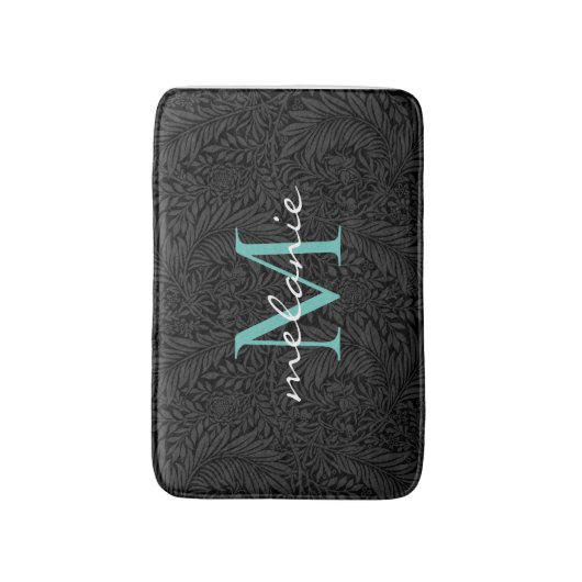 Elegant Black Floral Blauwgroen Script Monogram Badmat (Voorkant Verticaal)